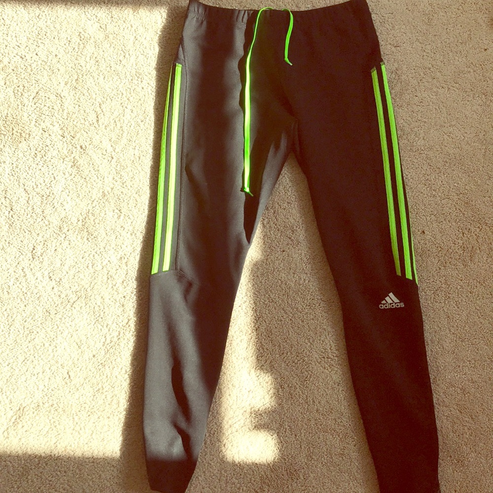 Adidas fitness leggings with lime green stripes